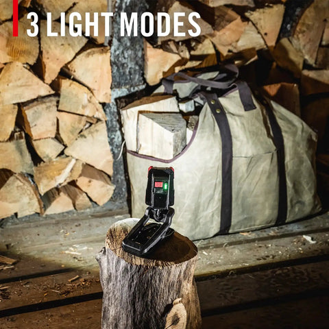 1000 Lumen Rechargeable Dual Power Rotating Led Magnetic Clamp Light With 360 Degree Ball Joint in front of firewood stack