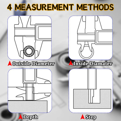 Illustration of four measurement methods with Analog Vernier Caliper 6 Inch 150mm Stainless Steel Measuring Tool With Dual Reading Scale.