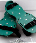 Lawn Aerator Shoes For Grass With Turf Spike Laces And Strong Straps Comfy Design Easy Fit For Quick Soil Aeration Great For Healthier Turf And Lawn Care 8 Spike System Included, showing green aerator shoes with metal spikes and black straps.
