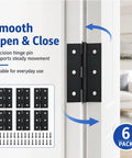 Close-up of 2.5 Inch Matte Black Door Hinges 6 Pack With Solid Steel Build showing smooth open and close on a white door