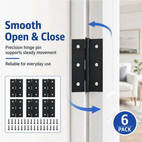 Close-up of 2.5 Inch Matte Black Door Hinges 6 Pack With Solid Steel Build showing smooth open and close on a white door