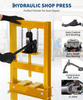 Heavy Duty 6 Ton Hydraulic Shop Press Garage Workhorse With Adjustable Height Table And Steel Plates showcases auto control arm bushing repair.