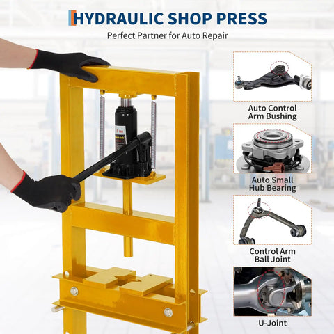 Heavy Duty 6 Ton Hydraulic Shop Press H Frame Floor Press With Adjustable Worktable Carbon Steel Garage Press in use for auto repair.