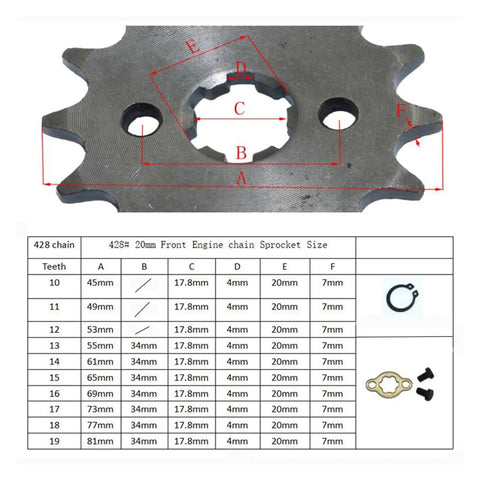 Heavy Duty Front Engine Sprocket For 428 Chain With Retainer Plate Locker, showing size dimensions and teeth options.