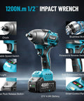 1/2 Inch Drive Cordless Impact Wrench Kit With 1200 Nm Torque Beasts Power For Lug Nuts Cars And Tires, Dual 21V 4000mAh Batteries.