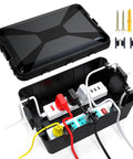 Open view of Heavy Duty Outdoor Electrical Box Waterproof IP54 Weatherproof Cord Cover With Seven Cable Seal Entries, black enclosure