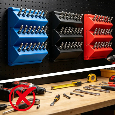 Image of a black 45 Degree Angled Hex Bit Organizer With 21 Hole Drill Bit Holder, mounted on a pegboard in a workshop.