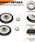 Heavy Duty Dryer Rear Drum Support Roller Kit For 29 Inch Wide Kenmore Whirlpool Estate Roper Dryers Pack Of 2 Beaquicy Includes Drum Rollers Tri Rings And Retaining Washers Easy Install Replacement Parts, showing components.