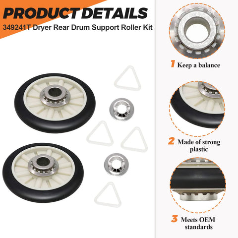 Heavy Duty Dryer Rear Drum Support Roller Kit For 29 Inch Wide Kenmore Whirlpool Estate Roper Dryers Pack Of 2 Beaquicy Includes Drum Rollers Tri Rings And Retaining Washers Easy Install Replacement Parts, showing components.