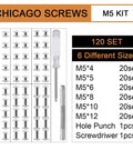 Heavy Duty Chicago Screws And Leather Rivets Kit, 120 Pieces, M5 kit with various sizes and tools for crafting.
