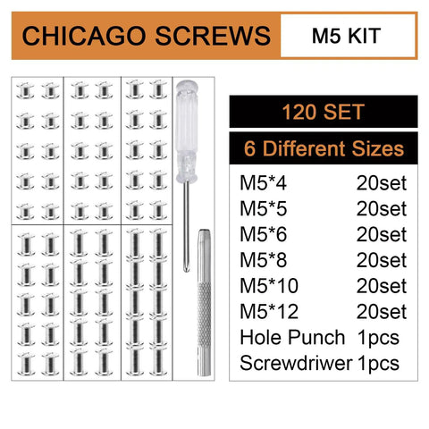 Heavy Duty Chicago Screws And Leather Rivets Kit, 120 Pieces, M5 kit with various sizes and tools for crafting.