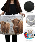 Cow Print Cotton Rope Storage Basket Large Collapsible Grab-And-Go Organizer For Toys Pillows Blankets Laundry Towels And Home Decor 20 X 13.9 Inches Sturdy Foldable Bin with Highland cow design and rope handles, held by person.