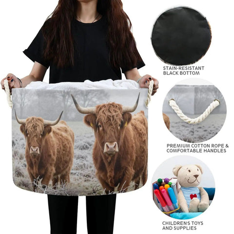 Cow Print Cotton Rope Storage Basket Large Collapsible Grab-And-Go Organizer For Toys Pillows Blankets Laundry Towels And Home Decor 20 X 13.9 Inches Sturdy Foldable Bin with Highland cow design and rope handles, held by person.
