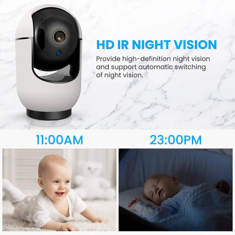 1080P Indoor Security Cam With 64GB SD Card, Two Way Audio, Baby Monitor And Pet Surveillance, WiFi 2.4G shown with night vision images of baby
