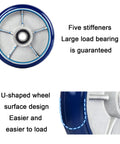 Heavy Duty Four Pack Of Eight Inch Polyurethane Swivel Caster Wheels Featuring Built Like A Tank Durability Smooth Silent Rolling Brake And Rock Solid Cast Iron Hub For Garden Carts, showcasing blue wheel design with stiffeners.