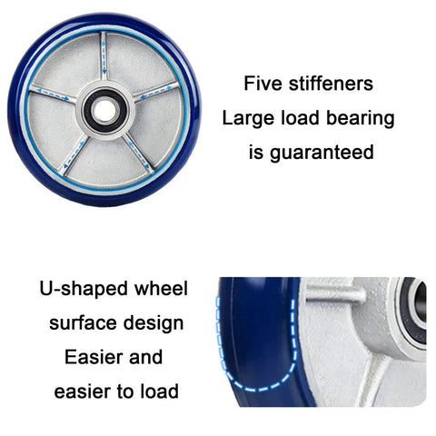 Heavy Duty Four Pack Of Eight Inch Polyurethane Swivel Caster Wheels Featuring Built Like A Tank Durability Smooth Silent Rolling Brake And Rock Solid Cast Iron Hub For Garden Carts, showcasing blue wheel design with stiffeners.