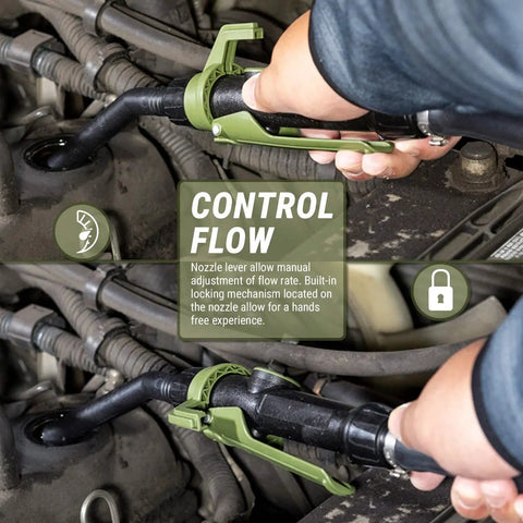 Heavy Duty Electric Pail And Bucket Transfer Pump Shifting 4 5 Gallons Per Minute With Adjustable Flow Nozzle in use, showing manual flow adjustment lever.