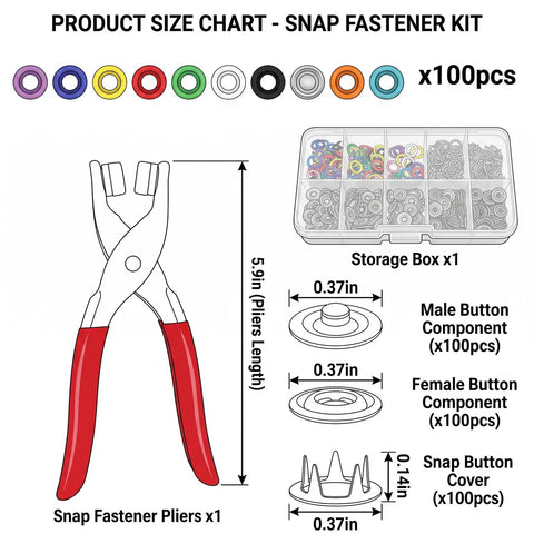 Solid 100 Set Snap Button Kit With Heavy Duty Pliers For No Sweat Clothing Repairs And DIY Crafts Rust Resistant Metal Fasteners 9.5 Mm Size with 5.9in pliers.