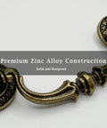 Close-up of Six Pack Antique Brass Drop Bail Pulls For Furniture Standard Three And A Half Inch Center To Center Cabinet Handles