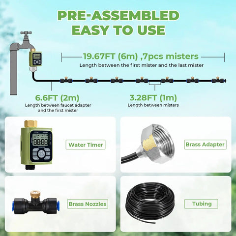Outdoor Misting System With 26 Foot Hose, 7 Brass Nozzles, Three Quarter Inch Brass Adapter And Programmable Water Timer For Patio Cooling