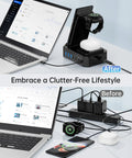 Beast 10 In 1 Wireless Charging Station with 7 USB C ports next to laptop, demonstrating organized charging vs cluttered cables.