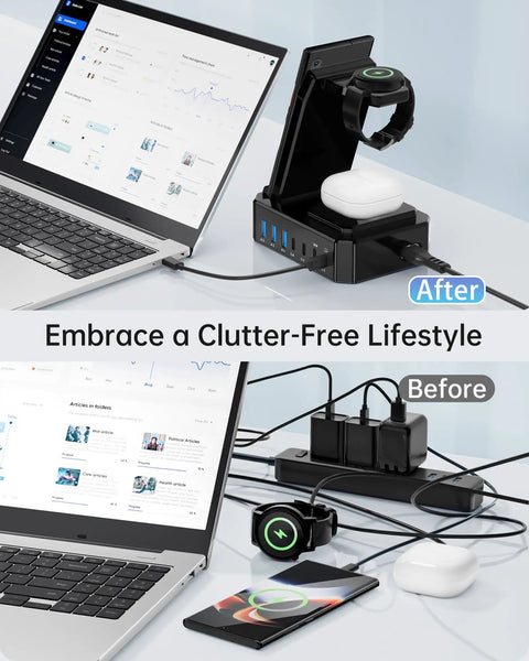 Beast 10 In 1 Wireless Charging Station with 7 USB C ports next to laptop, demonstrating organized charging vs cluttered cables.