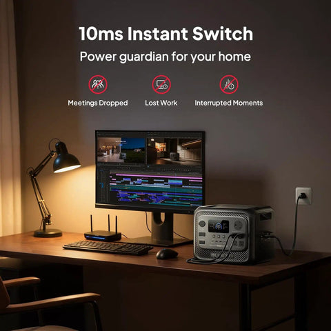 Elite 300 Portable Power Station With 3014Wh LiFePO4 Battery on a desk powering a computer, lamp, and router for home backup