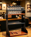 Heavy Duty Wall Mount Coffee Bean Storage Tower Three Tier Wooden Espresso Tool Rack with glass jars and pour bowl.