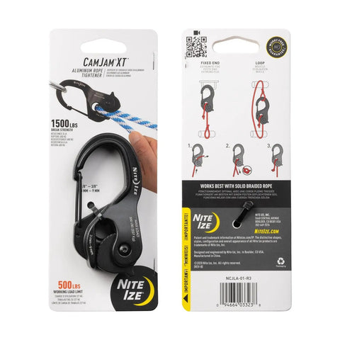 CamJam XT Aluminum Rope Tightener Large With Carabiner Clip in packaging showing load limits and instructions for use
