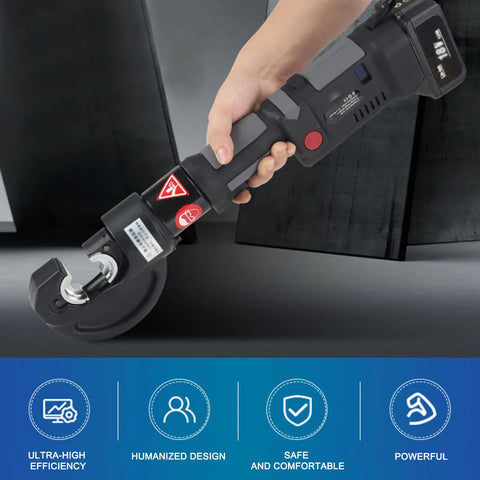 Heavy Duty Electric Hydraulic Wire Crimper With Twelve Pairs Dies And Portable Design For 16 To 400mm2 Cables Featuring Quick Crimping Action and Rotary Head held in hand.