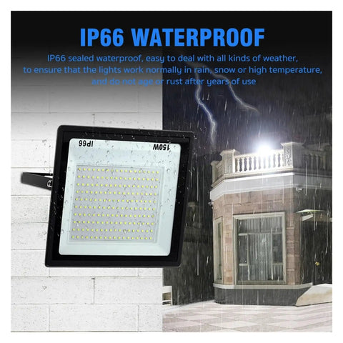 JUDYSSY High Brightness Led Floodlight 220 150W IP66 Waterproof Flood Light shown in rain, ideal for outdoor use.