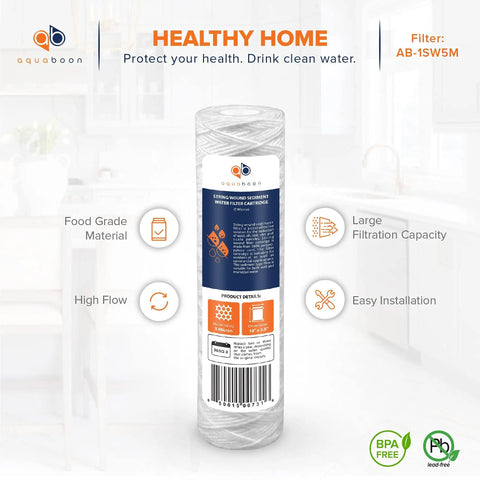 5 Micron 10 Inch By 2.5 Inch String Wound Sediment Water Filter Cartridge Replacement For Whole House Well Water Filtration System WHKF WHSW Four Pack on kitchen counter.