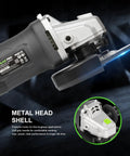 Close-up of Beast 4.0 Amp 520W Corded Angle Grinder 4-1/2 Inch, showing metal head and disc for cutting and grinding.