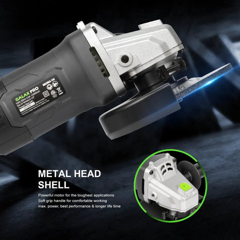 Close-up of Beast 4.0 Amp 520W Corded Angle Grinder 4-1/2 Inch, showing metal head and disc for cutting and grinding.