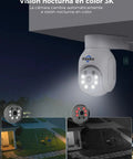Close-up of a mounted 5MP Wireless PTZ Security Camera System With Indoor And Outdoor IP66 Weatherproof Cameras during night vision.
