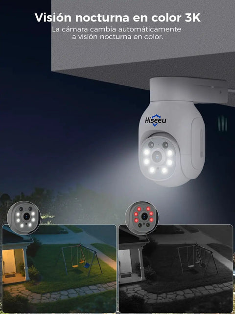 Close-up of a mounted 5MP Wireless PTZ Security Camera System With Indoor And Outdoor IP66 Weatherproof Cameras during night vision.