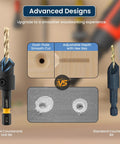 Image comparing LU&MN Countersink Drill Bit Set with 1/4 Inch Hex Shank, showing dual-flute cut and adjustable depth feature.