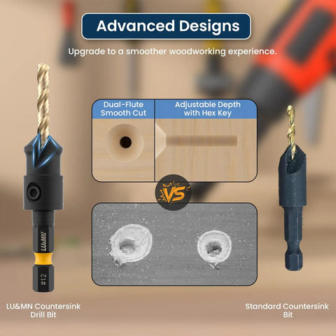 Image comparing LU&MN Countersink Drill Bit Set with 1/4 Inch Hex Shank, showing dual-flute cut and adjustable depth feature.
