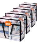 4 Pack Clear 40L Plastic Clothes Storage Bags With Zipper, Vinyl Foldable Moving Bags for Bedding, closet organizers