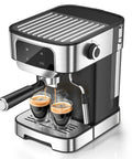 Compact Stainless Steel Espresso Machine With 20 Bar Pump And Built In Milk Frother For Creating Legit Barista Quality Lattes And Cappuccinos Right In Your Kitchen Using A Sleek Touch Display Black Edition pouring espresso into two cups.