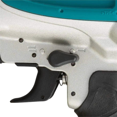 Close-up of premium pneumatic 15 degree siding coil nailer with tool-less depth adjustment and two mode selector switch.