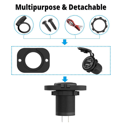 Assembly of Dual USB 12V Marine Outlet With Switch, multipurpose detachable parts for waterproof car charger mount.