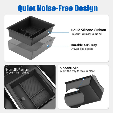 Double Layer Center Console Organizer For Tesla Model Y 2025 2026 And Model 3 2024 2026, features silicone cushion and ABS tray