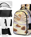 Winter Pine Landscape Backpack Unisex Daypack with large capacity, durable polyester, handle, shoulder straps, double zipper.