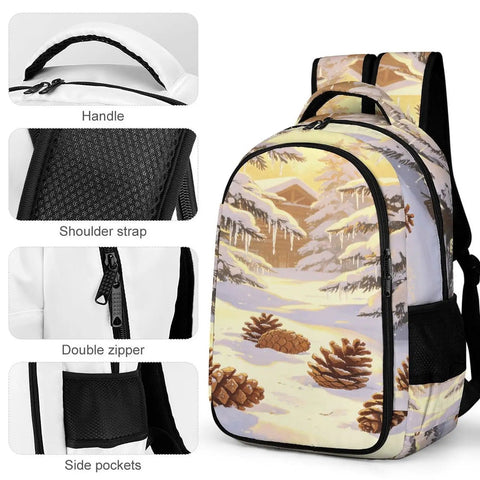 Winter Pine Landscape Backpack Unisex Daypack with large capacity, durable polyester, handle, shoulder straps, double zipper.