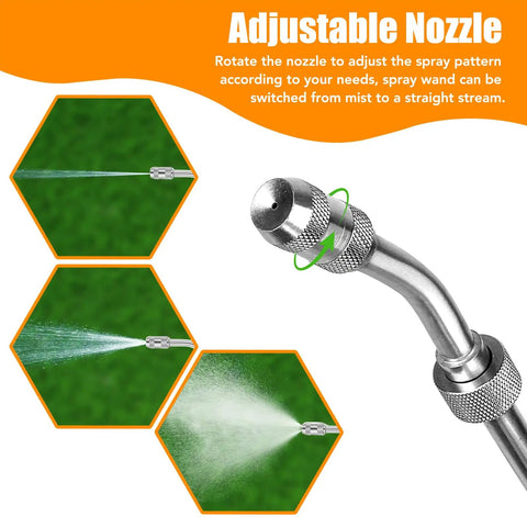 Close-up of the adjustable nozzle in the Stainless Steel Sprayer Wand Kit For Yard, showing spray patterns and metal construction.