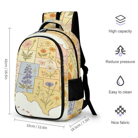 Vintage Botanical State Flower Map Backpack For Everyday Carry, Unisex Large Capacity Daypack, side view with measurements
