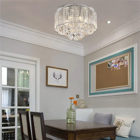 Crystal Raindrop Drum Chandelier Light Flush Mount LED Ceiling Fixture For Dining Room Living Room Bedroom Bathroom 16 Inch