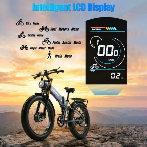 Dual Motor Beast Electric Bike For Adults With 3000W Peak AWD Power and LCD display showing speed and mode options over mountains