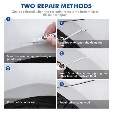Instructions for applying Pearl White Tricoat Touch Up Paint For Nissan Vehicles, showing brush method on car scratches.